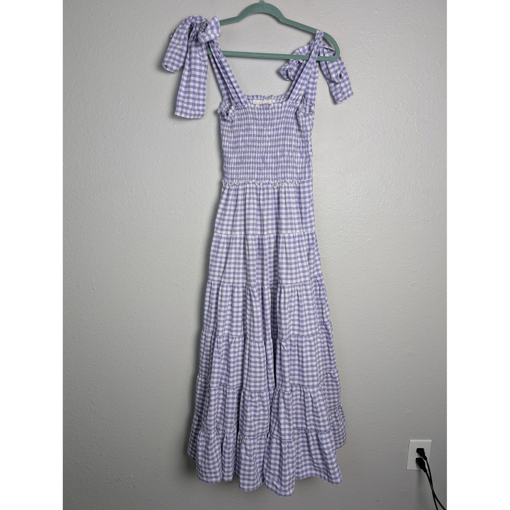 Sundress Dress Womens M/L Purple Long Maxi Smocked Strappy Gingham Ruffle